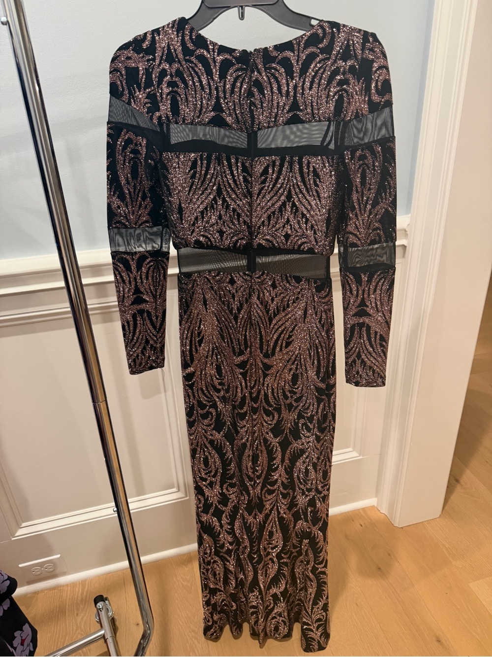 Betsy and Adam Long Sleeve Black and Rose Rose Gold Sparkle Evening Dress 4 - Picture 4 of 14